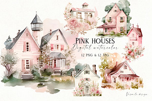 Watercolor Pink Houses