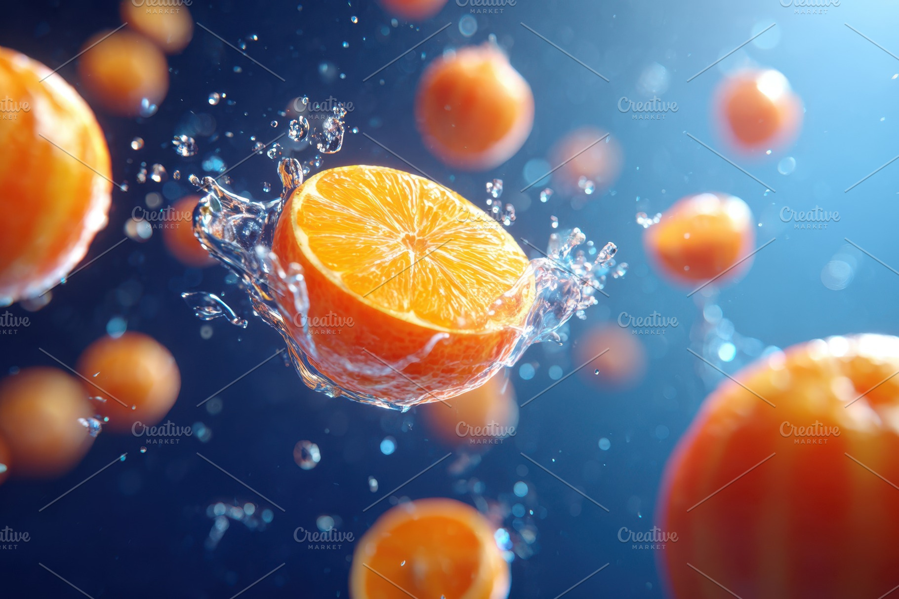 Orange slice splashing in water, a Food & Drink Photo by AlyaAnd