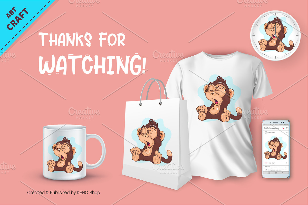 Blind Cartoon Monkey. Tshirt, an Animal Illustration by KENO Mascots (Photo 3 of 3)