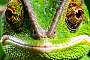 Detailed portrait of green chameleon with textured patterned sca, an Animal Photo by GoodGoods
