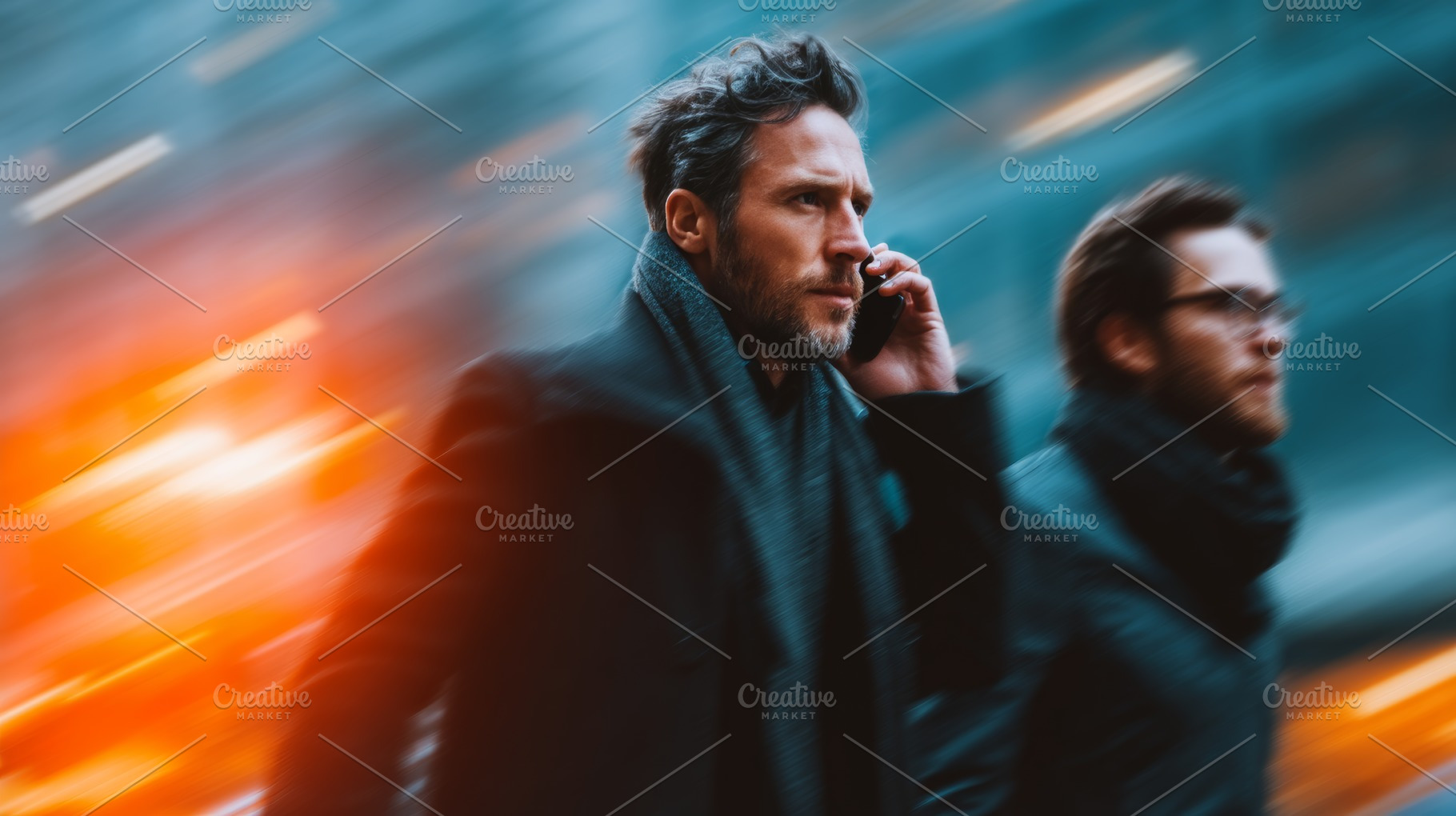 Two businessmen walking in the city with motion blur and bright lights, a Person Photo by AS photostudio
