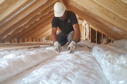 Attic Insulation Install: Man in har, a Background Photo by Pixeness