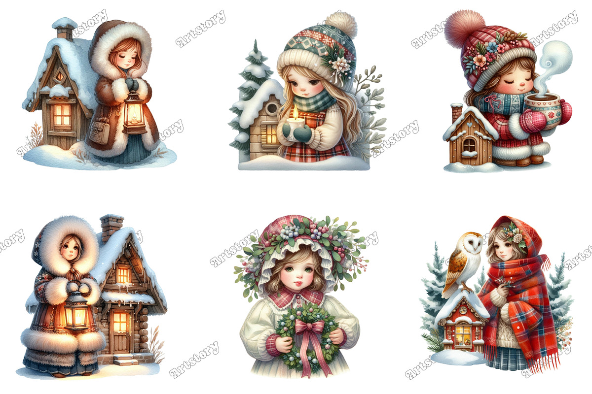 Winter Cottage Girl Watercolor Clipa, an Illustration by designcity5 (Photo 3 of 5)