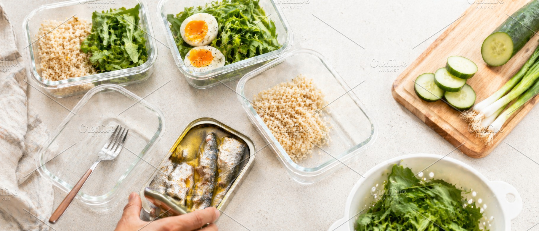 Meal prep with sardines, eggs, green, a Photo by Dvoevnore photos