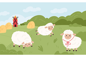 Sheep in pasture. Funny little lambs, an Illustration by YummyBuum