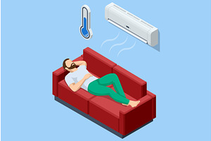 Isometric woman lying on sofa with, an Illustration by Golden Sikorka