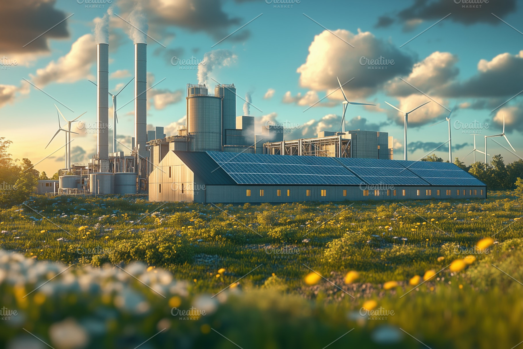 A modern industrial facility with solar panels on the roof, surrounded by a fie, a Transportation Photo by Textures & Backgrounds