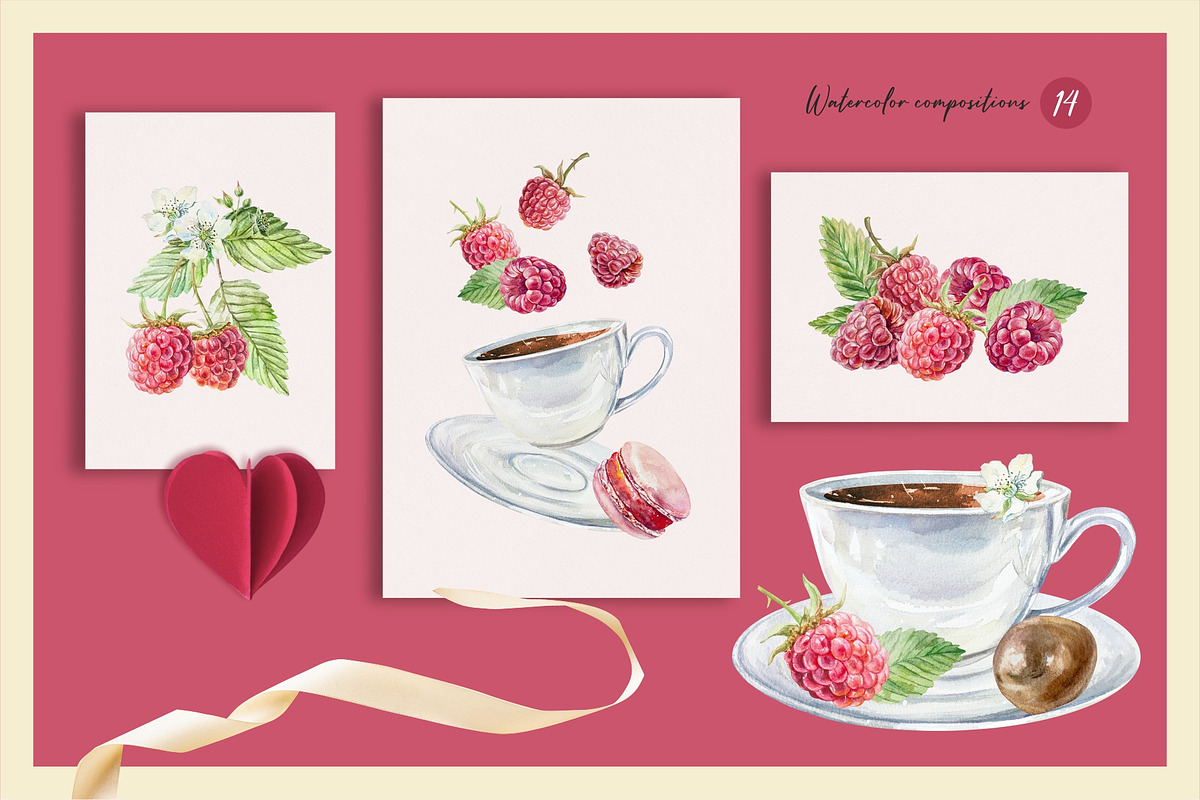 Raspberry. Watercolor Clip Art, a Food Illustration by Farida Bik (Photo 3 of 11)