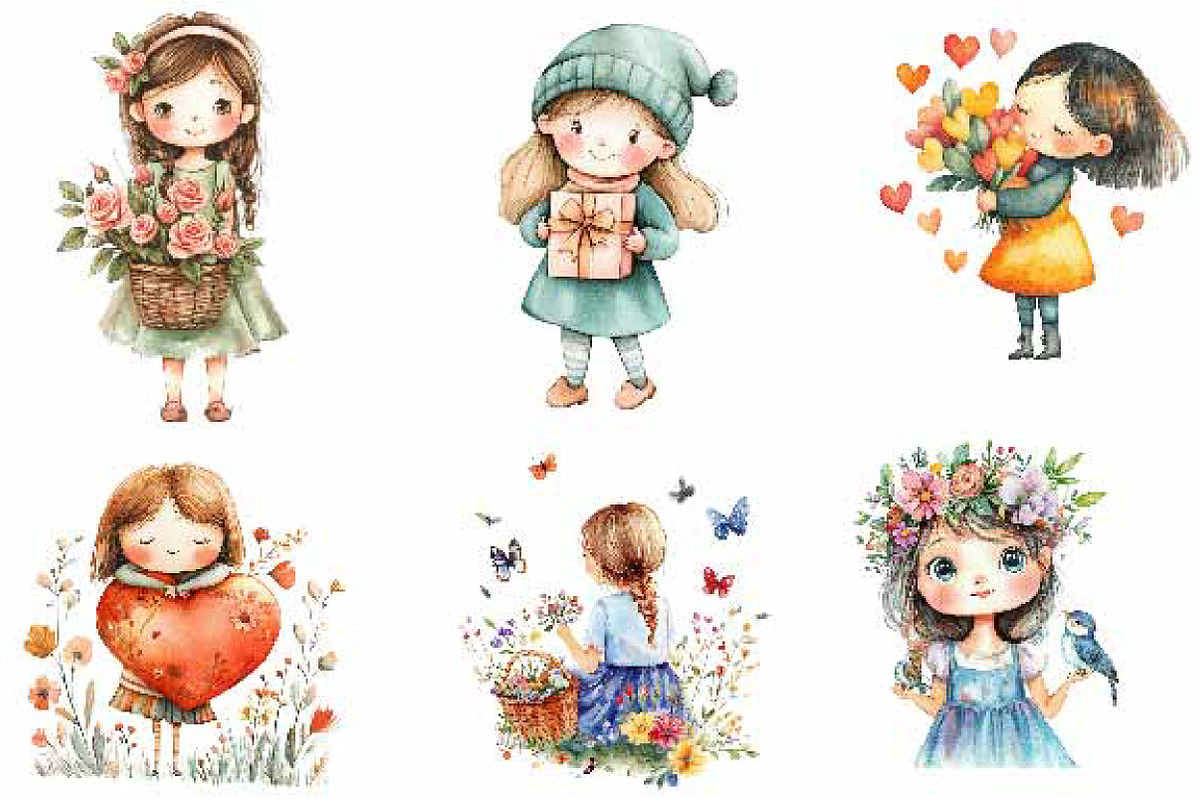 Watercolor Cute Girl Clipart, an Illustration by Designking (Photo 2 of 5)