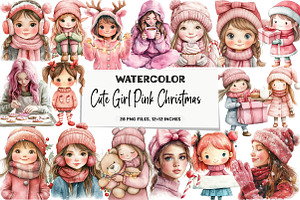 Cute Girl Pink Christmas Clipart, an Illustration by DreamArtGraphic