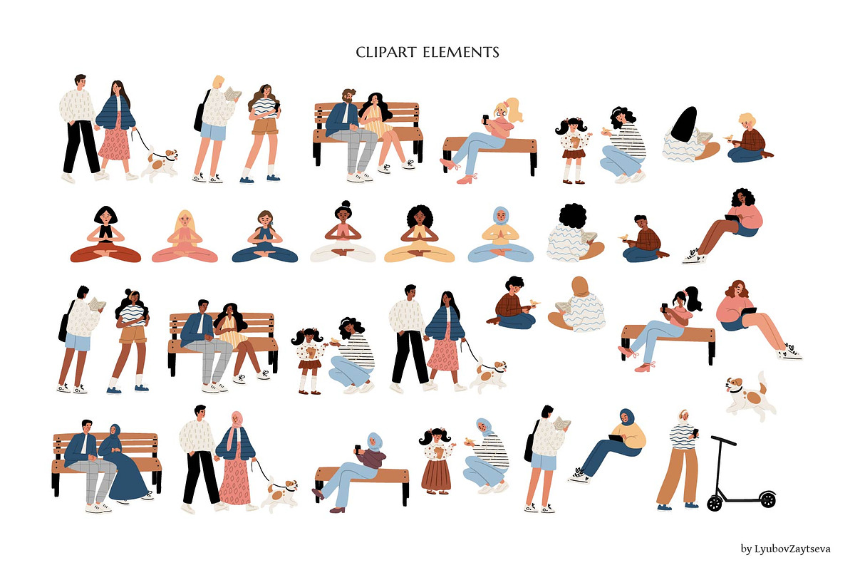 Diverse People in Park Vector Set, a Person Illustration by LyubovZaytseva (Photo 2 of 9)