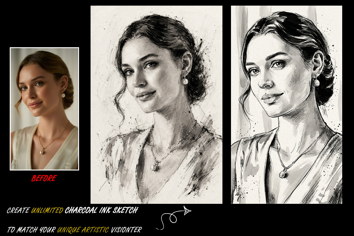 Charcoal ink Sketch AI Prompt, an Action Add-On by 3d_model_tifotizi (Photo 2 of 4)