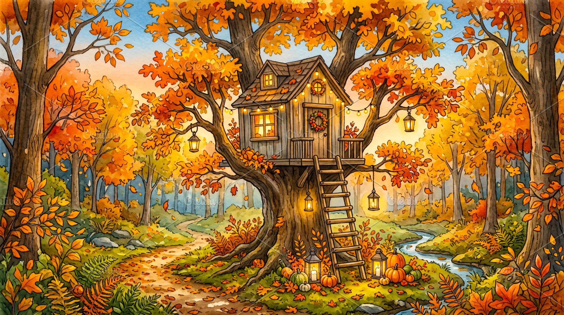 Cozy Treehouse in Autumn Forest, a Background Photo by Rafoz
