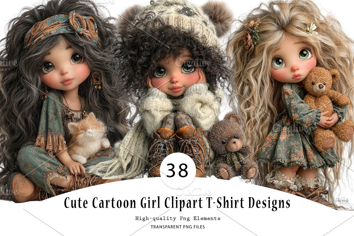 Cute Cartoon Girl Clipart T-Shirt, a Seasonal Illustration by CreationArt (Photo 1 of 5)