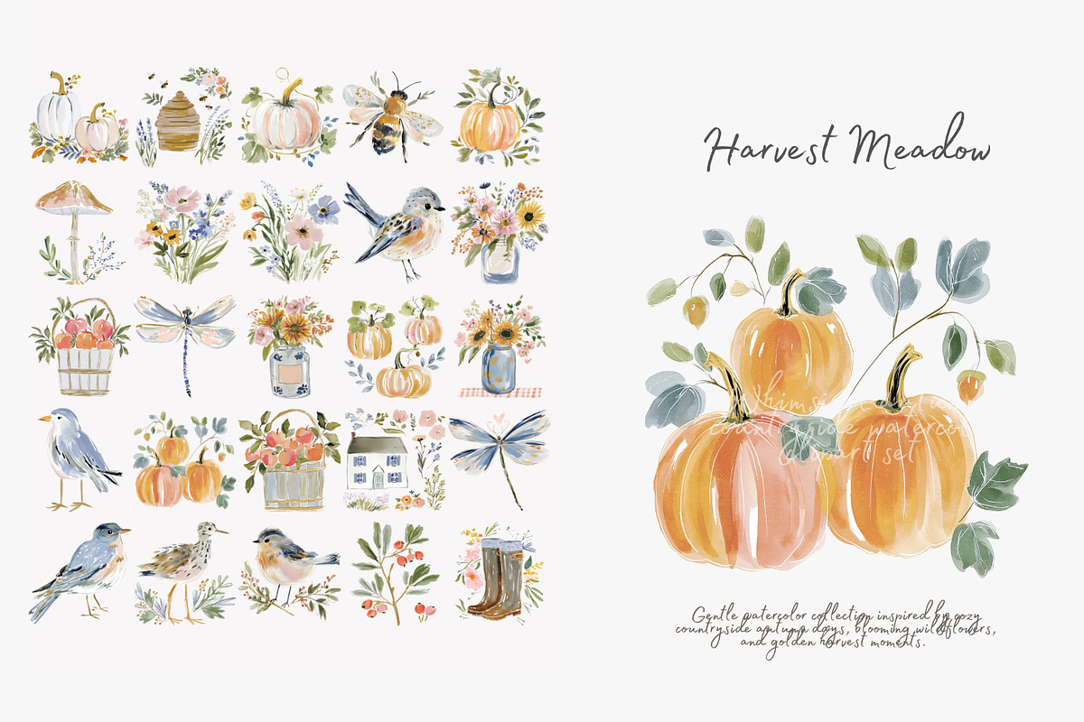harvest meadow watercolor clipart, a Decorative Illustration by Patishop Art (Photo 4 of 10)