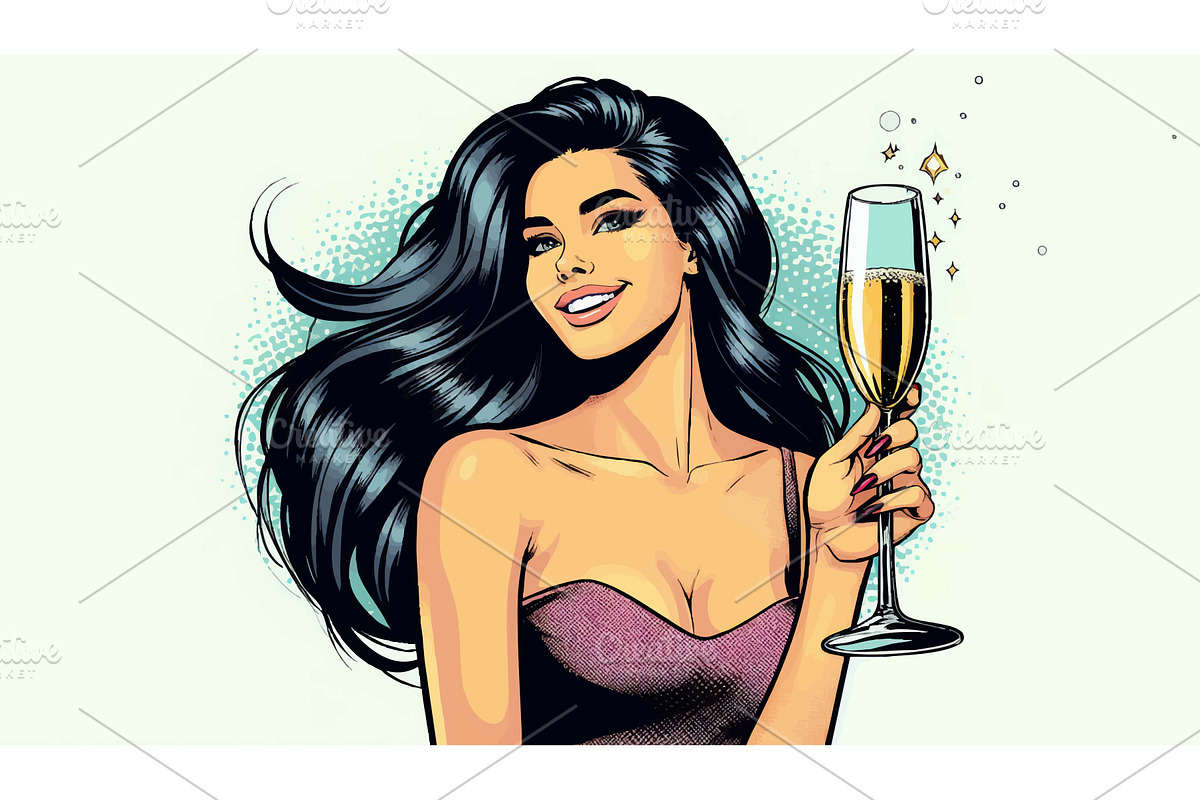 woman celebrating with champagne pop, a Food Illustration by AlexArt