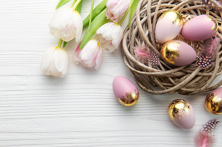 Nest with Easter eggs painted pink and golden colors on a white, a Holiday Photo by Olena Rudo