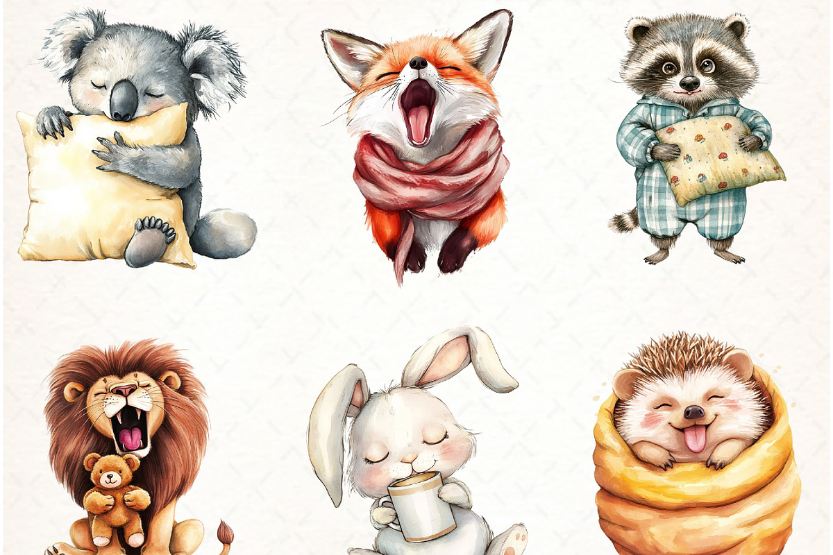 Funny Cartoon Sleepy Quirky Animals, an Illustration by Watercolor design (Photo 3 of 4)