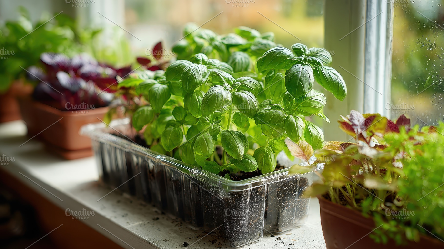 Basil plants growing in a windowsill, a Photo by Pixeness Studio
