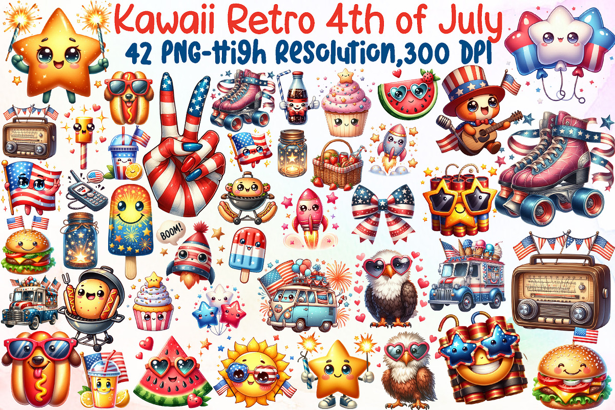 Kawaii Retro 4th of July Clipart, an Illustration by Sublimation Artist (Photo 1 of 6)