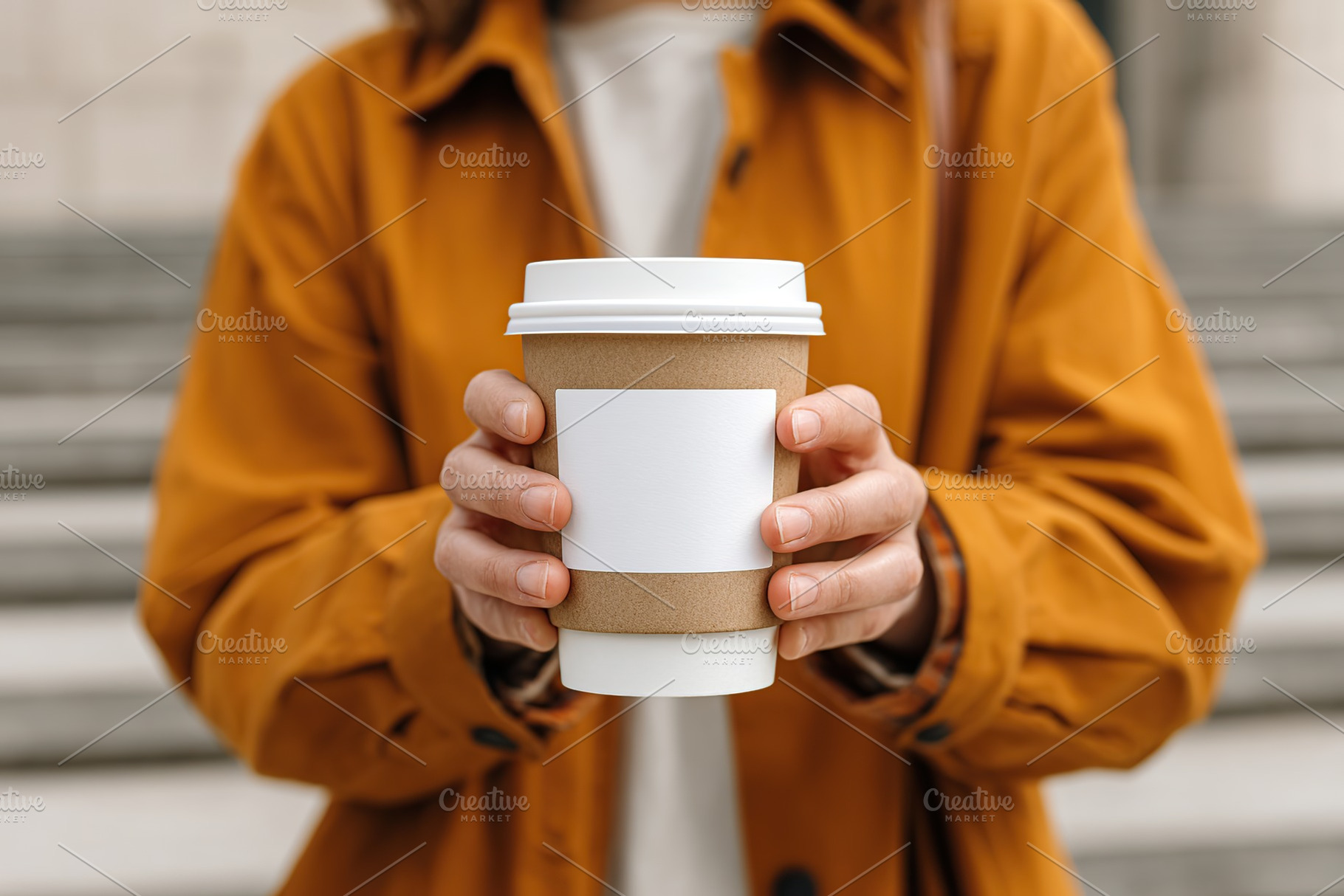 Young woman enjoys coffee while standing outdoors in a stylish reusable cup, a Food & Drink Photo by AlyaAnd