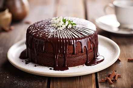 Chocolate cake on plate on wooden table, a Food & Drink Photo by AlyaAnd