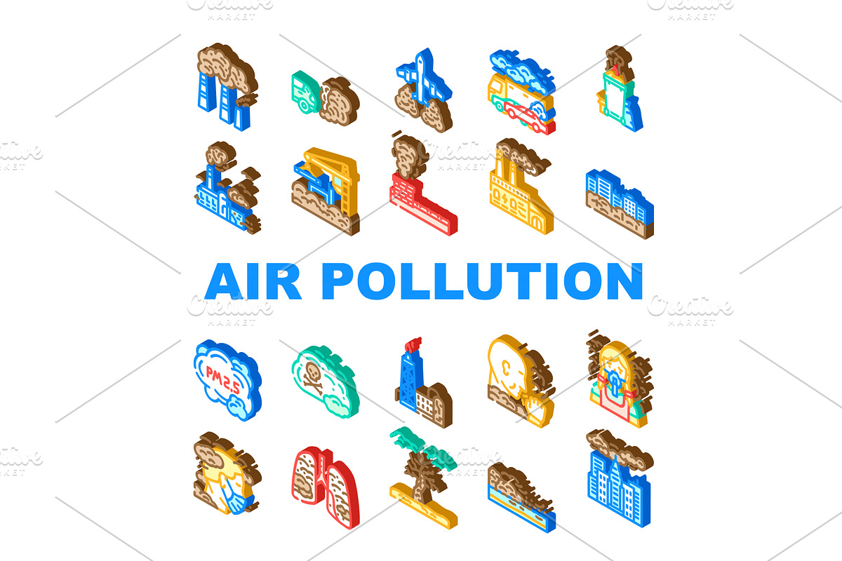 air pollution smog emissions icons, an Illustration by pikepicture