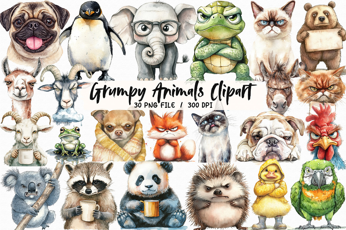 Watercolor Grumpy Animals Clipart, an Illustration by Libby Wishes (Photo 1 of 6)