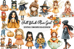 Whimsical Fall Black Hair Girl Clipa, an Illustration by Daily.Designs