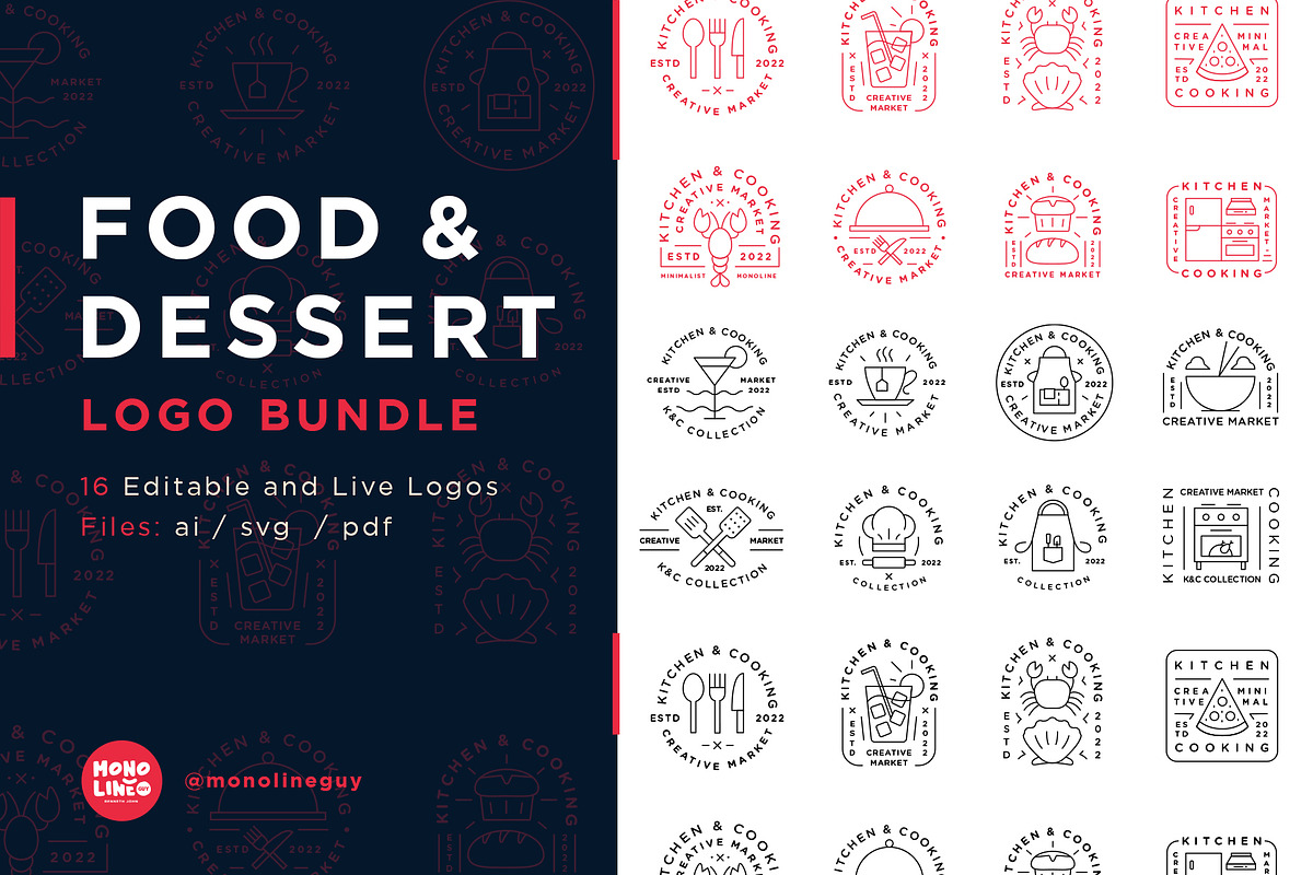 Food & Dessert Logo Bundle, a Food Illustration by The Monoline Guy (Photo 1 of 4)