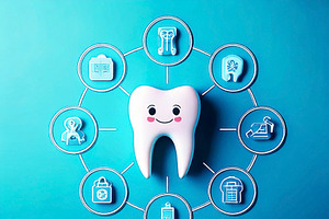 illustration showing a smiling tooth surrounded by dental care i, a Healthcare Illustration by DanFLCreativo
