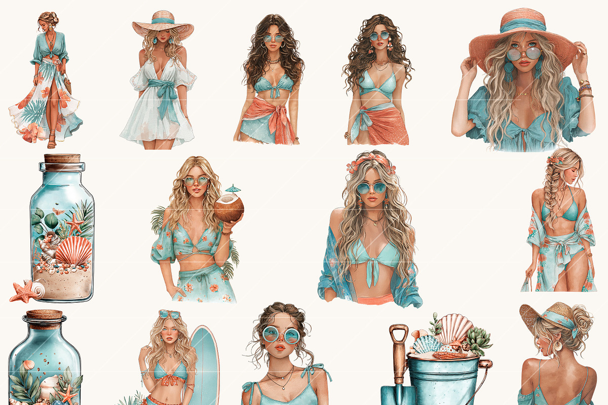 Watercolor Sun Kissed Summer Beach, a Seasonal Illustration by BusyDaydesign (Photo 3 of 9)