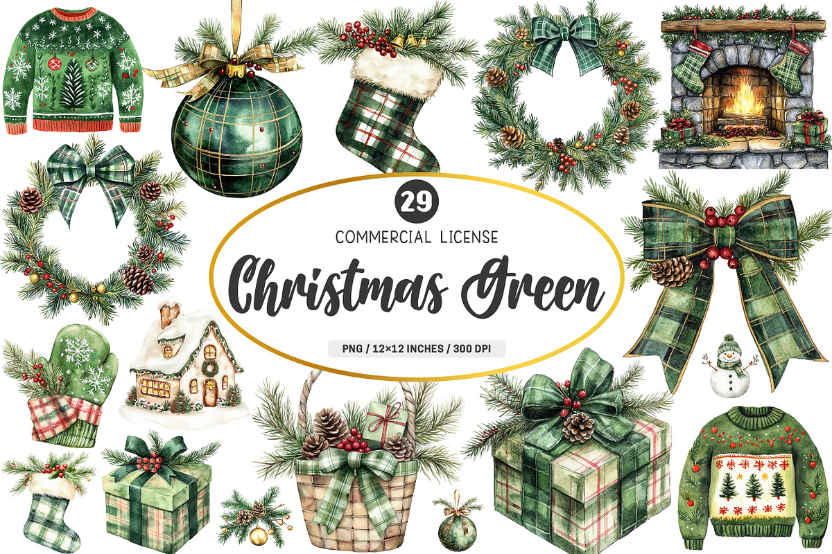 Christmas Green Clipart PNG Bundle, a Work Illustration by SinaCreation (Photo 1 of 6)