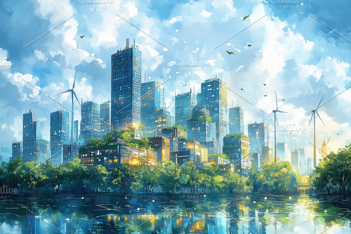 A vibrant, futuristic cityscape featuring tall skyscrapers, wind turbines, and, a Technology Illustration by Textures & Backgrounds