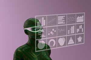 Green circuit humanoid with visor and data screens, a Technology Photo by RF Images