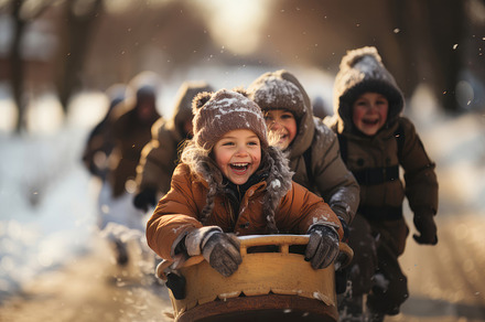 Group Of Children Laughing While Sledding In Winter Wonderland, a Photo by AS photostudio
