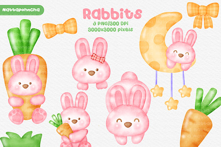 watercolor cute rabbits clipart.