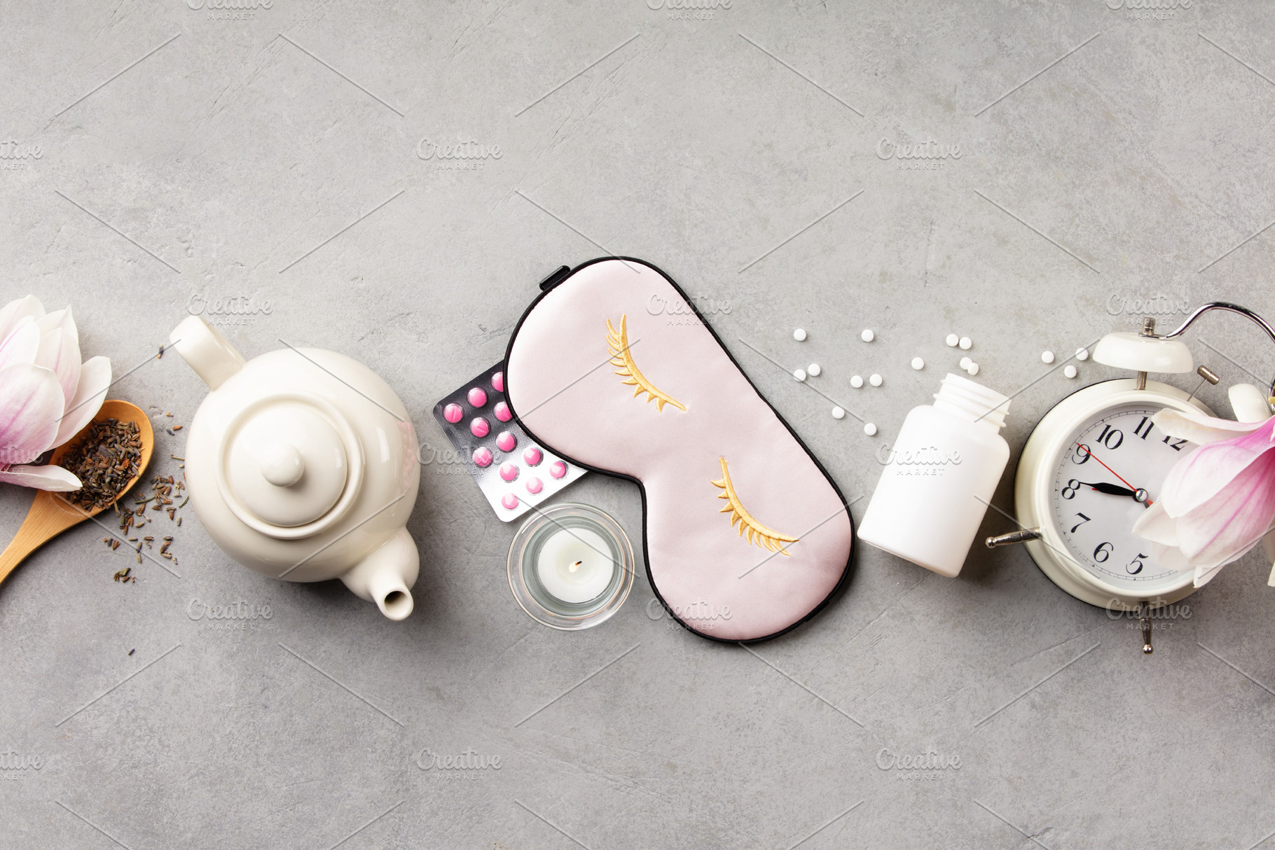Healthy Sleep Routine Concept with Silk Mask, Herbal Tea and Ala, a Health & Medical Photo by Natalia Klenova's Shop