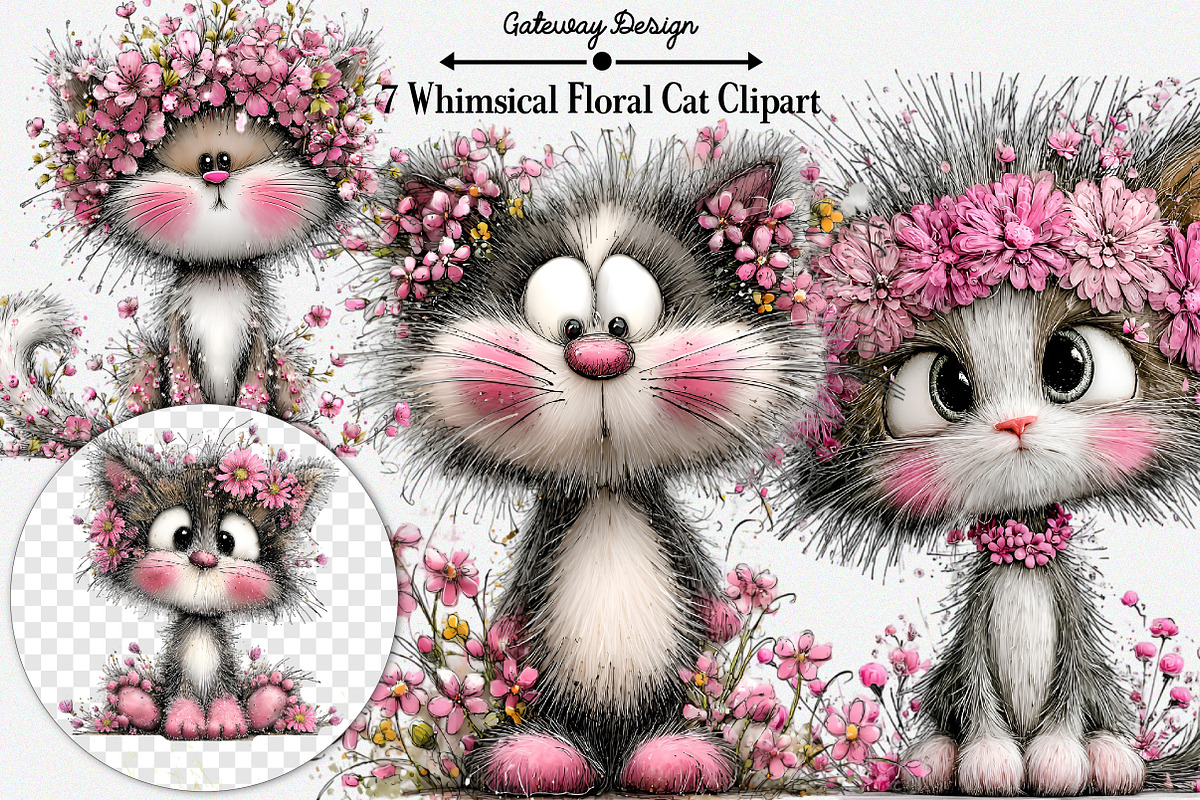 Whimsical Floral Cat Clipart Bundle, an Illustration by GatewayDesign (Photo 1 of 3)