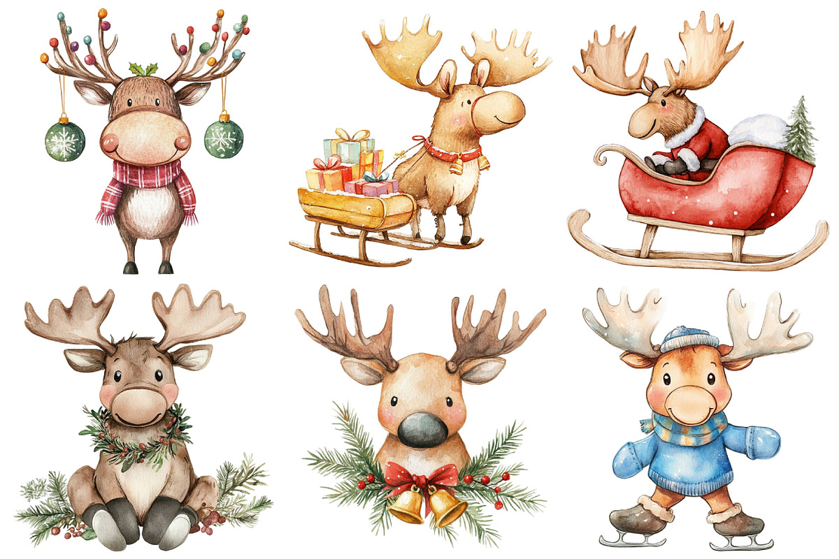 Kawaii Christmas Moose Clipart, an Illustration by Pixels.Craft (Photo 3 of 7)