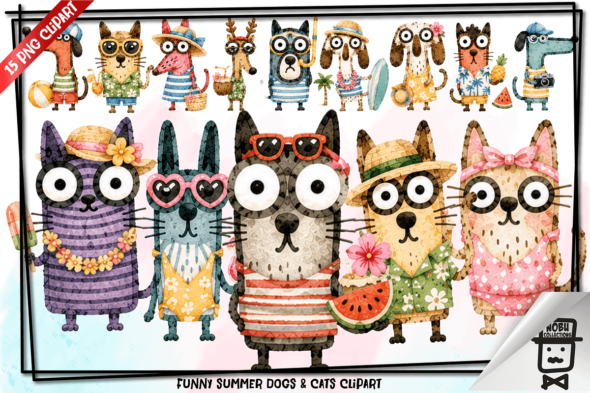 Summer Dogs and Cats Doodle Clipart, an Animal Illustration by Nobu Collections (Photo 1 of 4)
