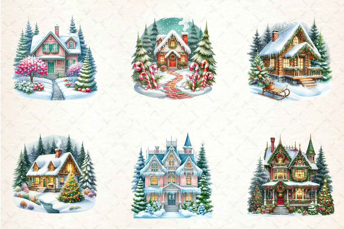 Watercolor Christmas Houses and Tree, an Illustration by CreationArt (Photo 2 of 5)