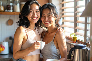 Two women stand close in a small kitchen, holding mugs and smili, a Person Photo by DanFLCreativo