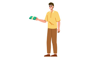 Smiling man holding and giving money, a Finance Illustration by pikepicture