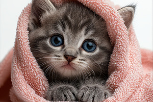 Cute grey kitten snuggled in pink to, an Animal Photo by Pixeness Studio