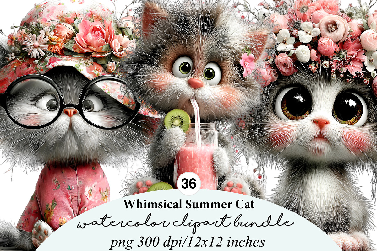 Whimsical Summer Cat Clipart Bundle, an Illustration by Digital Artistic99 (Photo 1 of 9)