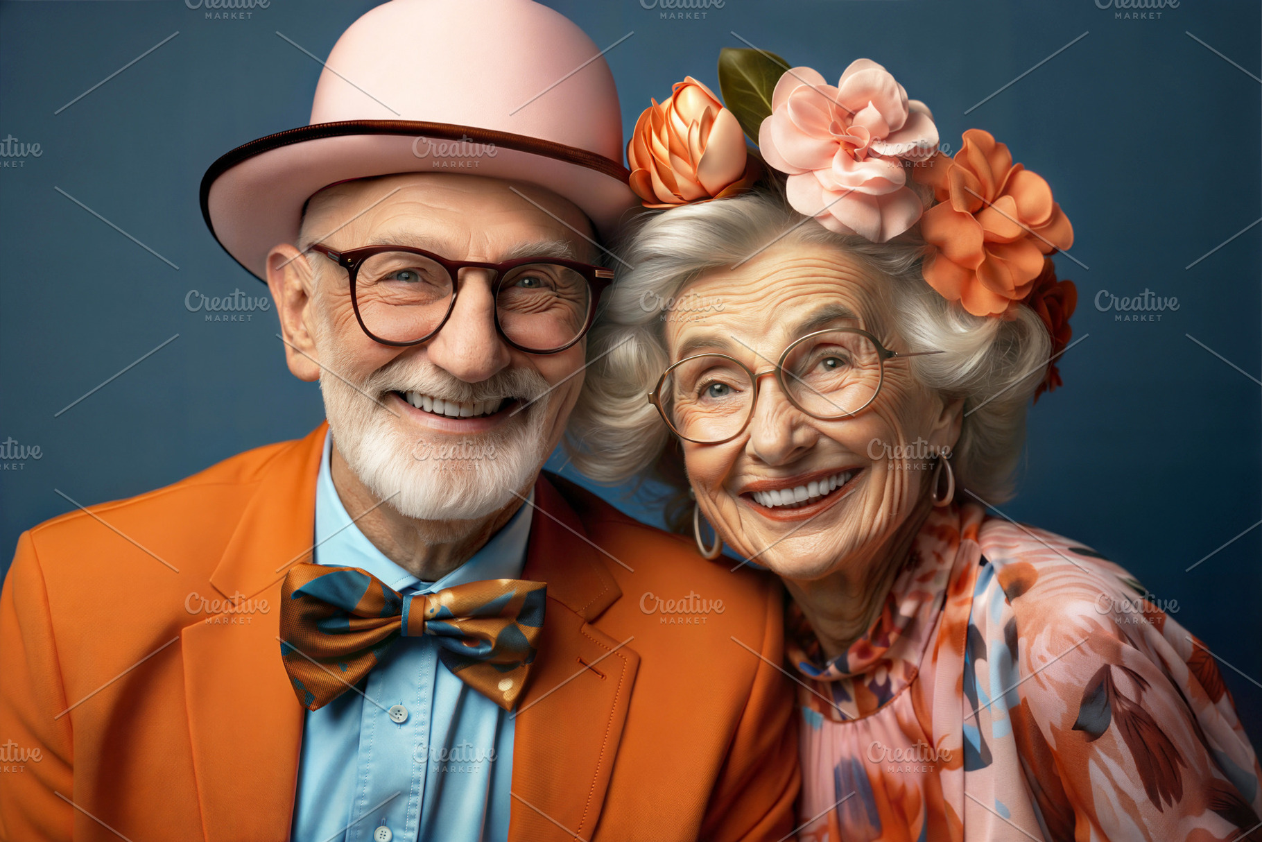 Happy elderly couple dressed in colorful outfits, smiling joyfully in a studio., a Person Photo by ImageMir