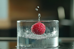 Droplet splash with fresh raspberry, a Photo by Tanuart