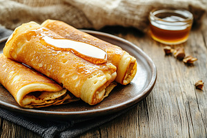 Delicious pancakes topped with sweet syrup on a rustic wooden table, a Food & Drink Photo by AlyaAnd