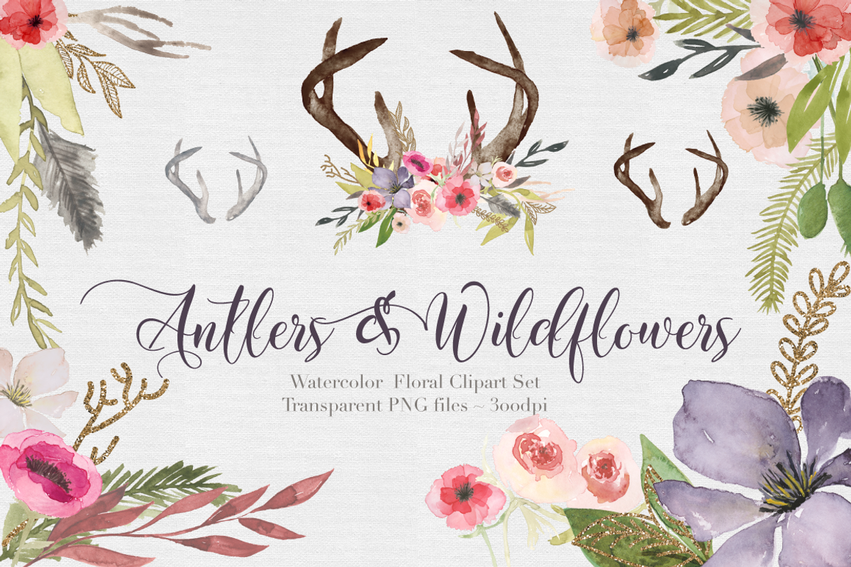 Antlers & flowers Watercolor Clipart, an Illustration by The Autumn Rabbit Ltd (Photo 1 of 3)